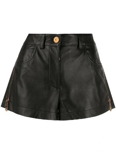 Shop Versace Black Leather Zipped Shorts