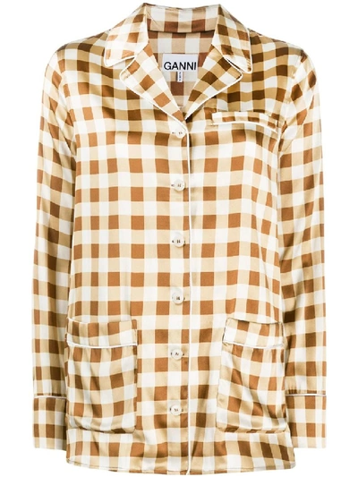 Shop Ganni Check Print Button-up Shirt In Brown