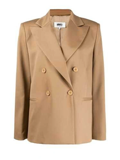 Shop Mm6 Maison Margiela Beige Double-breasted Blazer In Brown