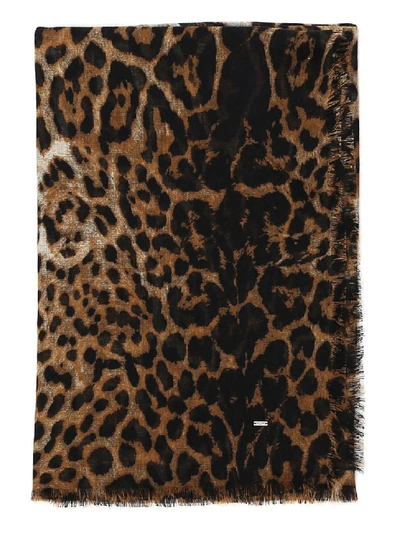 Shop Saint Laurent Leopard Silk Scarf In Brown