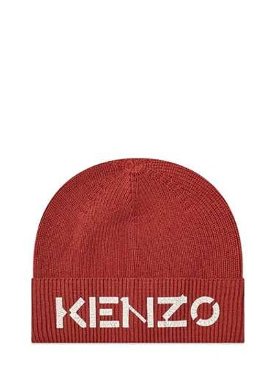 Shop Kenzo Red Woolen Hat With Logo Print