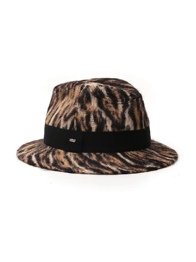 Shop Saint Laurent Leopard Wool Hat In Brown