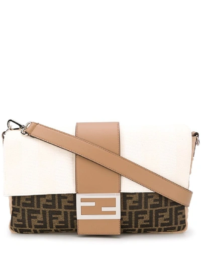 Shop Fendi Baguette Large White/brown Polyester Messenger Bag In Multicolor