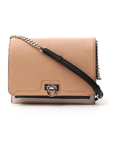 Shop Ferragamo Beige Leather Shoulder Bag In Brown