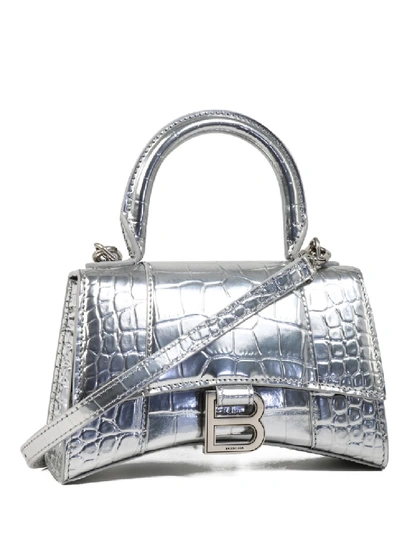 Shop Balenciaga Hourglass Xs Silver Leather Handbag In Grey