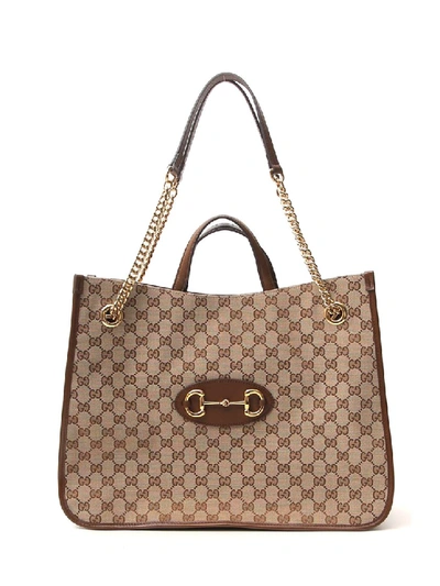 Shop Gucci Beige Fabric Tote In Brown