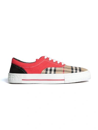 Shop Burberry Red Fabric Sneakers In White