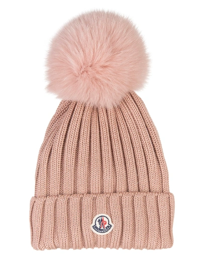 Shop Moncler Woman Light Pink Hat With Fox Pompon