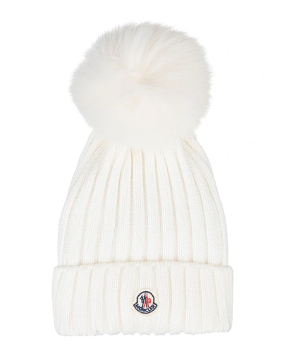 Shop Moncler Woman White Hat With Fox Pompon