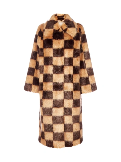 Shop Stand Studio Nino Check-motif Faux-fur Coat In Beige Brown