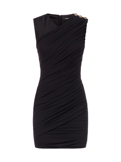 Shop Balmain Draped Stretch Viscose Mini Dress In Noir