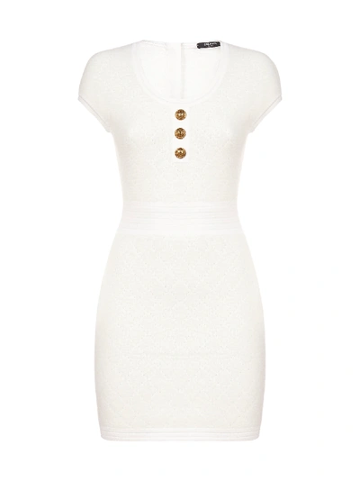 Shop Balmain Buttoned Stretch Knit Mini Dress In Blanc