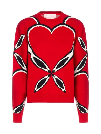 Shop Alexander Mcqueen Heart-motif Intarsia Viscose-knit Sweater In Red Ivory Black