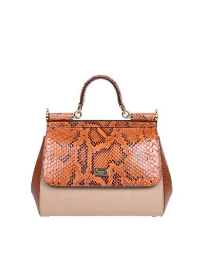 Shop Dolce & Gabbana Sicily Handbag In Leather With Python Print In Orange
