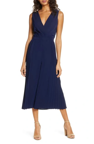 Shop Adelyn Rae Akira Pleated Culotte Jumpsuit In Navy