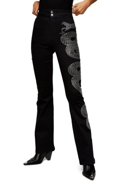 Shop Topshop Joni Embellished Snake Flare Jeans In Black