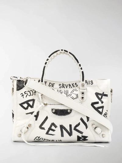 Shop Balenciaga Graffiti City Leather Tote Bag In White