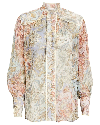 Shop Zimmermann Lucky Bound Floral Paisley Blouse In Light Blue/burgundy