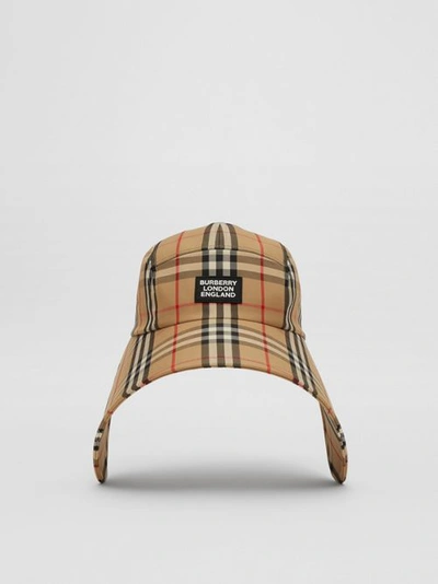 Shop Burberry Logo Appliqué Vintage Check Bonnet Cap In Archive Beige
