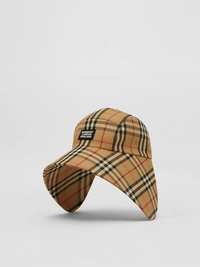 Shop Burberry Logo Appliqué Vintage Check Bonnet Cap In Archive Beige