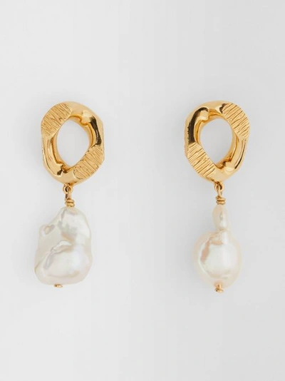Shop Burberry Pearl Detail Gold-plated Chain-link Earrings In Light Gold/white