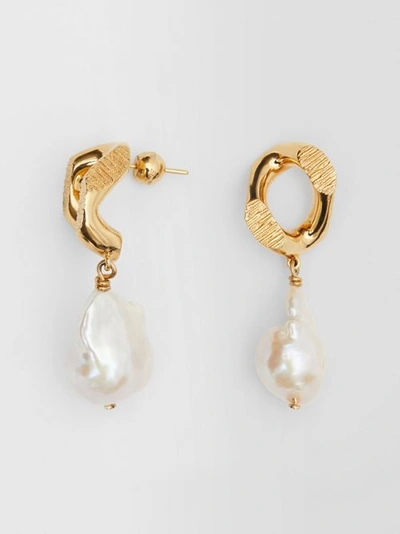 Shop Burberry Pearl Detail Gold-plated Chain-link Earrings In Light Gold/white