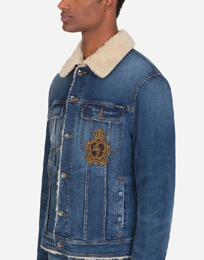Shop Dolce & Gabbana Stretch Denim Jacket With Patch In Blue