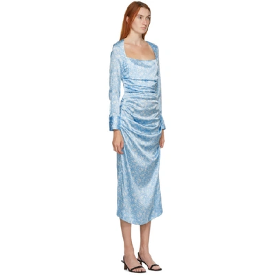 Ganni Ruched Floral-print Stretch Silk-satin Midi Dress In Alaskan Blue |  ModeSens