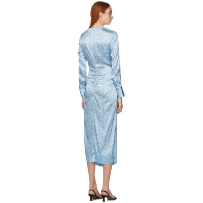 Shop Ganni Blue Silk Floral Dress In 693 Blue