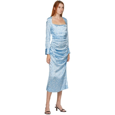 Shop Ganni Blue Silk Floral Dress In 693 Blue