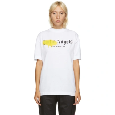 Shop Palm Angels White And Yellow Los Angeles Logo Sprayed T-shirt