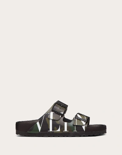 Shop Valentino Garavani Vltn Camouflage Slide Sandal Designed In Collaboration With Birkenstock In Military Green