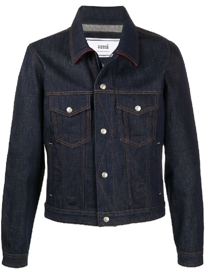 Shop Ami Alexandre Mattiussi Denim Jacket With Snap Buttons Contrasted Hems And Collar In Blue