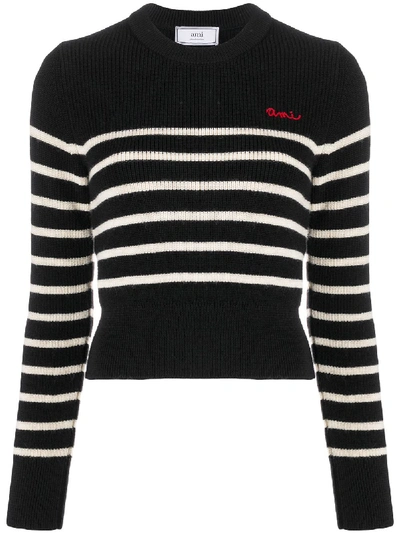 Shop Ami Alexandre Mattiussi Logo-embroidered Striped Jumper In Black