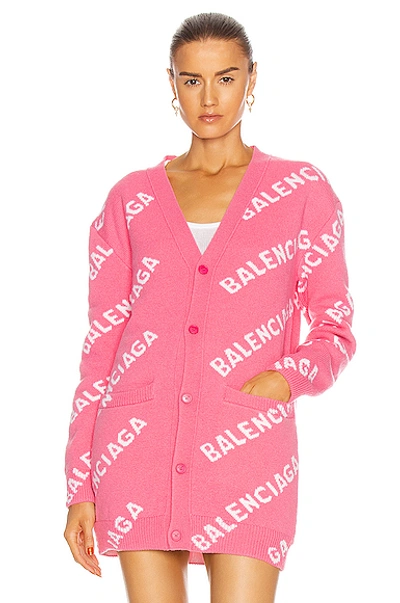 Shop Balenciaga Long Sleeve Logo Cardigan In Pink & White