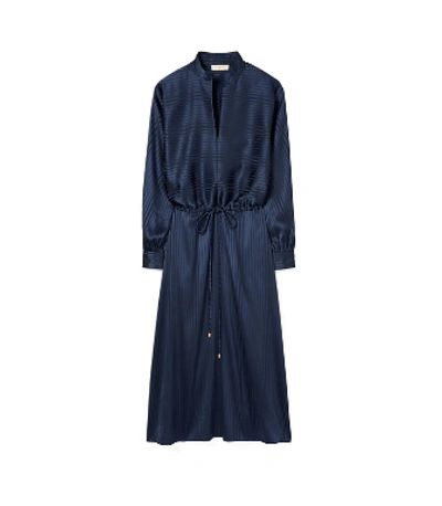 Shop Tory Burch Striped Satin Drawstring Dress In Navy Blue