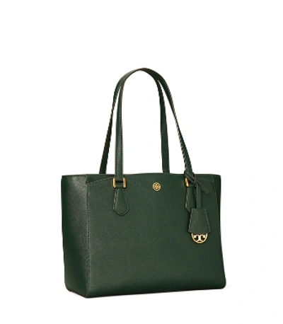 Shop Tory Burch Robinson Small Tote Bag In Pine Tree/#59 Rolled Brass