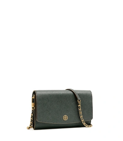 Shop Tory Burch Robinson Chain Wallet In Pine Tree/rolled Brass