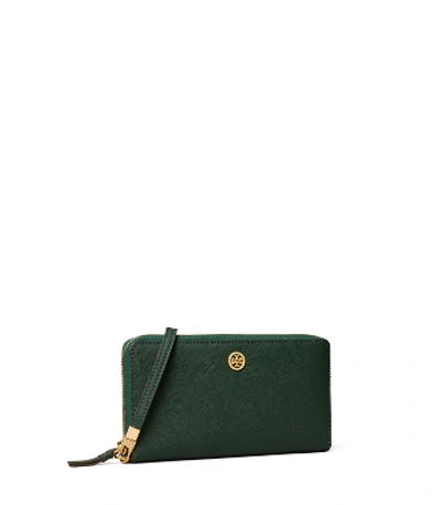 Shop Tory Burch Robinson Zip Continental Wallet In Pine Tree/rolled Brass