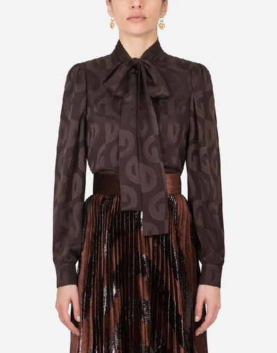 Shop Dolce & Gabbana Dg Logo Shirt In Jacquard With Bow In Brown