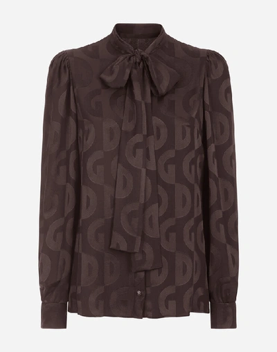Shop Dolce & Gabbana Dg Logo Shirt In Jacquard With Bow In Brown