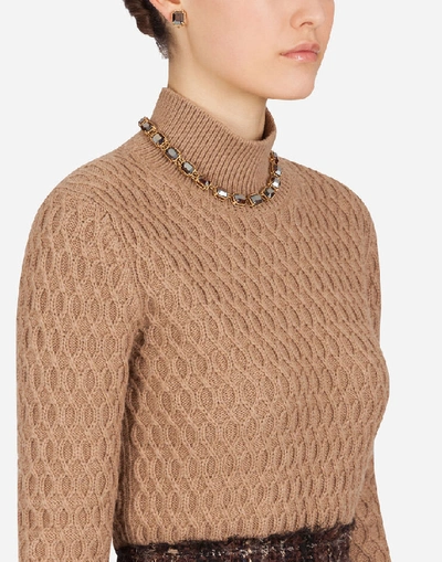 Shop Dolce & Gabbana High-neck Sweater In Camel With Rhombus Stitch In Beige