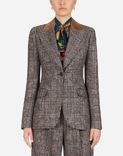 Shop Dolce & Gabbana Single-breasted Jacket In Glen Plaid With Velvet Collar In Multicolor