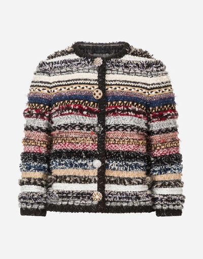 Shop Dolce & Gabbana Short Tweed Gabbana Jacket With Braiding And Bejeweled Buttons In Multicolor