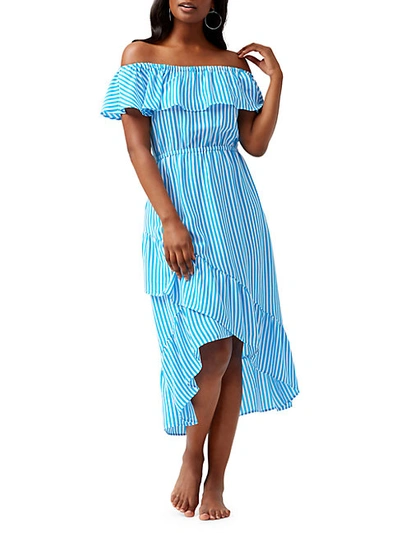 Shop Tommy Bahama Stripe Off-the-shoulder Cover-up Dress In Azure