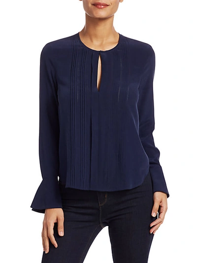 Shop L Agence Simone Pleated Silk Blouse In Navy