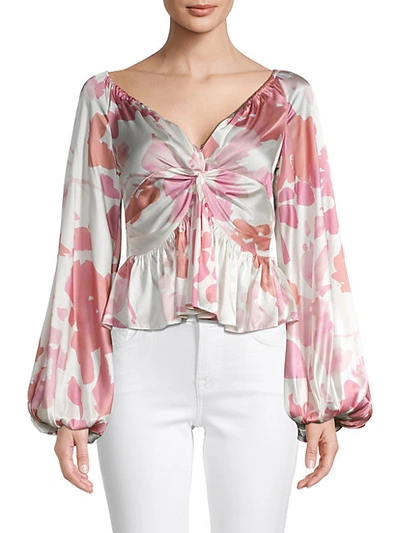 Shop Caroline Constas Onira Floral Puff-sleeve Silk-blend Top In Blush