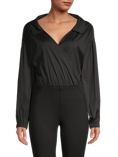 Shop Milly Cotton-blend Wrap Top Bodysuit In Black