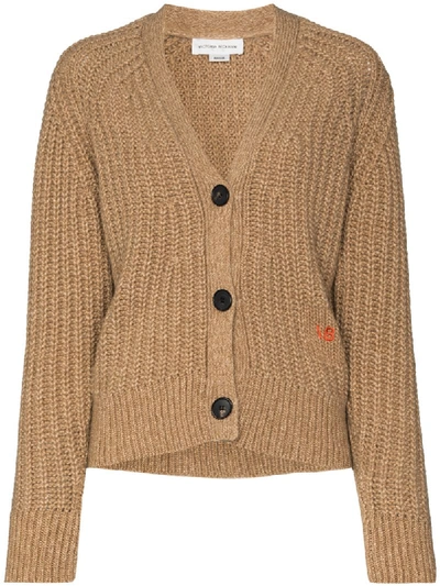 Shop Victoria Beckham Logo-embroidered Ribbed-knit Cardigan In Neutrals