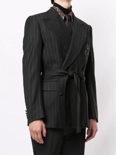 Shop Dolce & Gabbana Pinstripe Tied Waist Blazer In Black